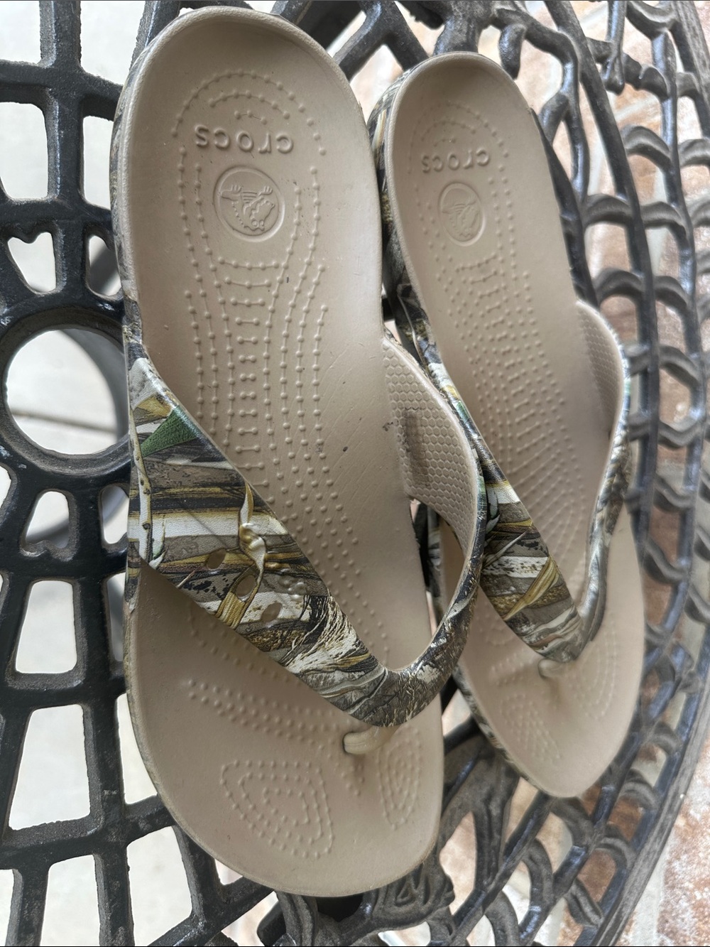 CROCS Women's Tan Flip Flops with Camouflage Straps